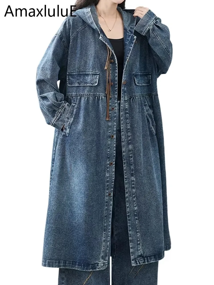 Amax LuluE Chinesisches Design Herbst Damen Mode Loser Denim Kapuzen-Trenchcoat Klassischer Vintage Langer Mantel Lässiger Windbreaker