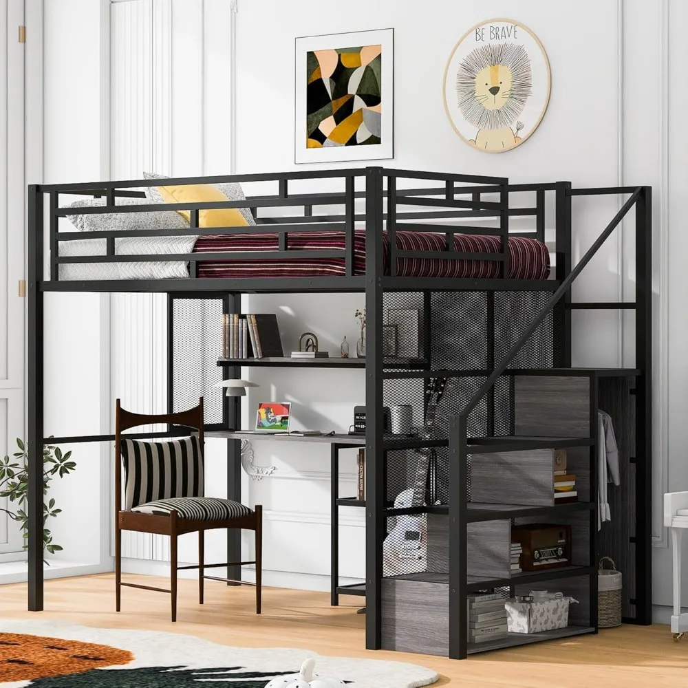 with Storage Shelves and Wardrobe, Heavy-Duty for Adu Harper & Bright Designs Full Size Loft Bed with Stairs & Desk, Metal Frame