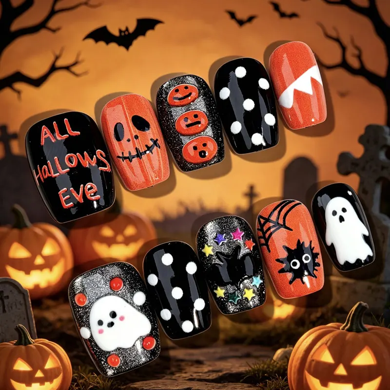 10 Stück Halloween-Geister-Kürbis-Aufklebnägel Süßer & Cooler Stil Feiner Schimmer Eis-Transparente Katzenaugen-Nagelaufkleber Nagelpatches – Detail 3