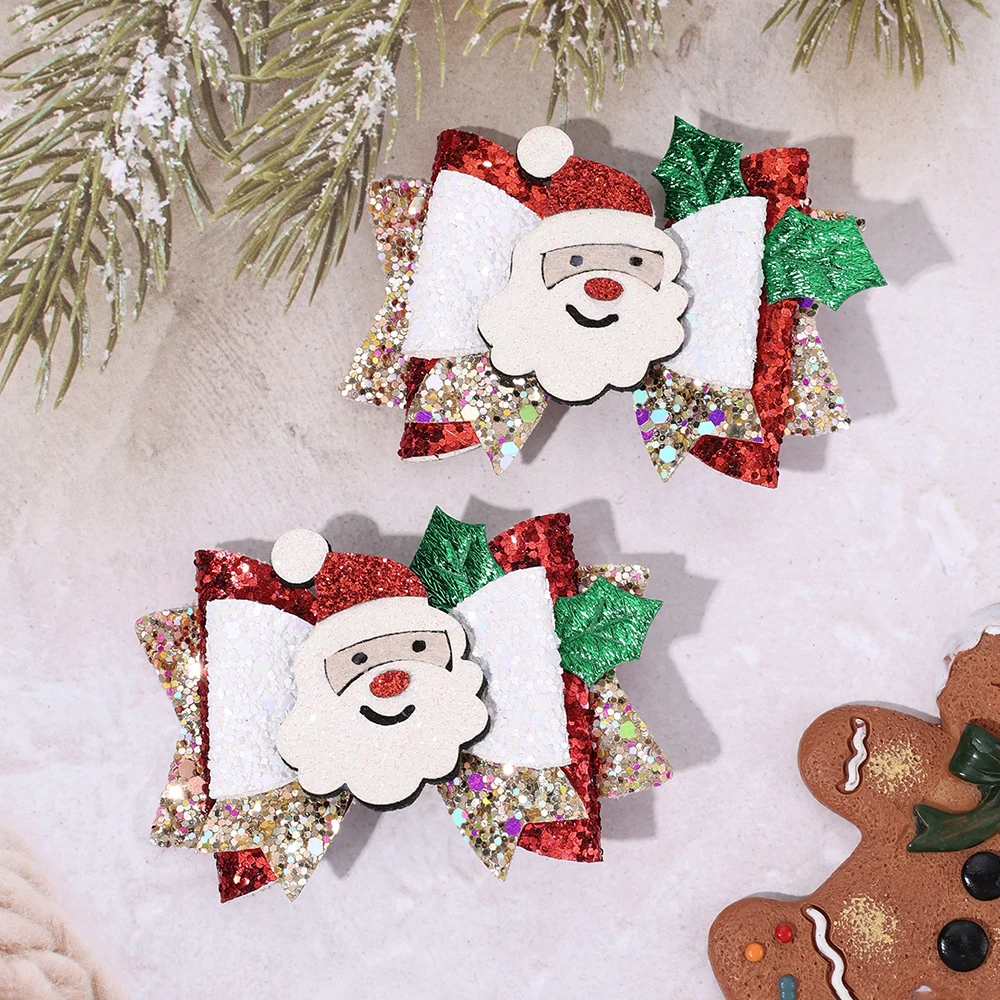 

2 шт., новогодние заколки для волос с рождественским бантом, сверкающие заколки с бантом Санта-Клауса, модные головные уборы, аксессуары для девочек, маленьких детей