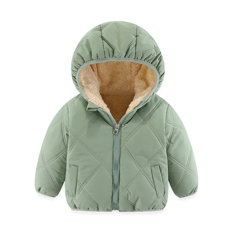 Winter New Girls Jacket Solid Color Lamb Wool Lining Thick Hooded Coats 2-6 Years Kids Plus Velvet Keep Warm Down  Snowsuit