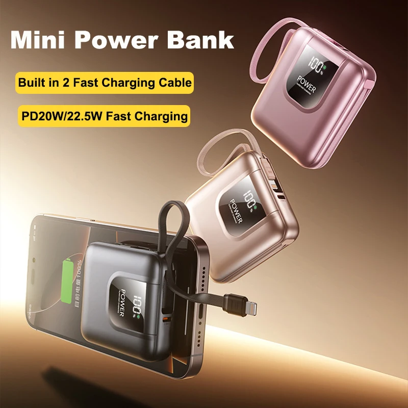 

Mini Power Bank 20000mAh Built in Cable External Battery 22.5W Fast Charging Portable Charger For iPhone 17 16 Xiaomi Powerbank