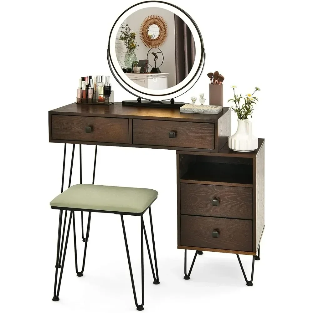 

Vanity Desk w/Lights & Mirror, Makeup Vanity Set w/ 4 Large Drawers & Jewelries Organizer