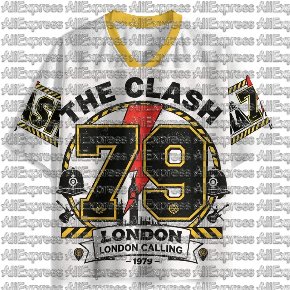 The Clash London Calling 79 Pattern Men's Mesh V-neck Short Sleeved T-shirt Retro British Punk Rock Neutral Street Sports Top