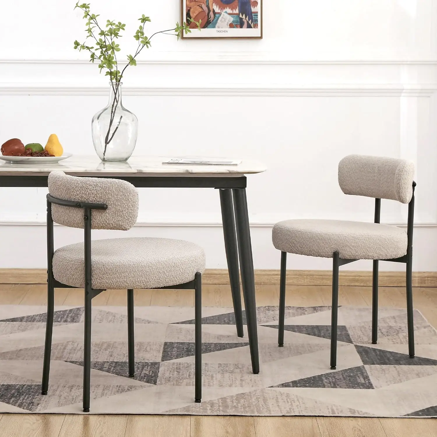 

Boucle Dining Chairs Set of 2, Round Upholstered Dining Room Chairs with Black Metal Legs, Modern Kitchen Dining Room Cha