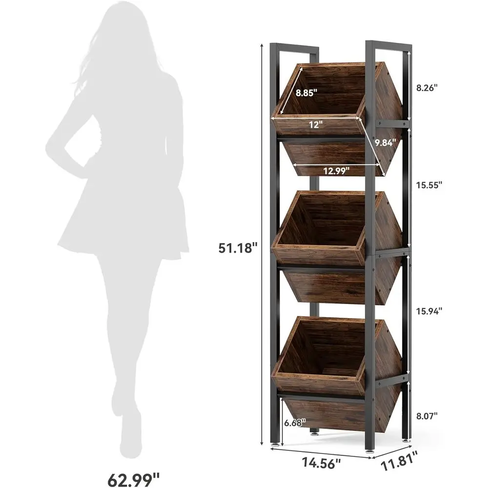 Rustic 3-Tier Wooden Floor Stand Organizer, Storage Rack for Kitchen, Bathroom, Living Room (Rustic Brown)