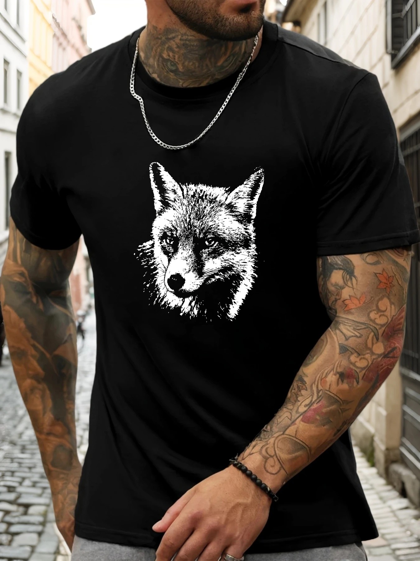 Men Royal Blue Crew Neck Tee Vintage Distressed White Fox Head Sketch Wild Forest Animal Soft Cotton Male Casual Short Tops