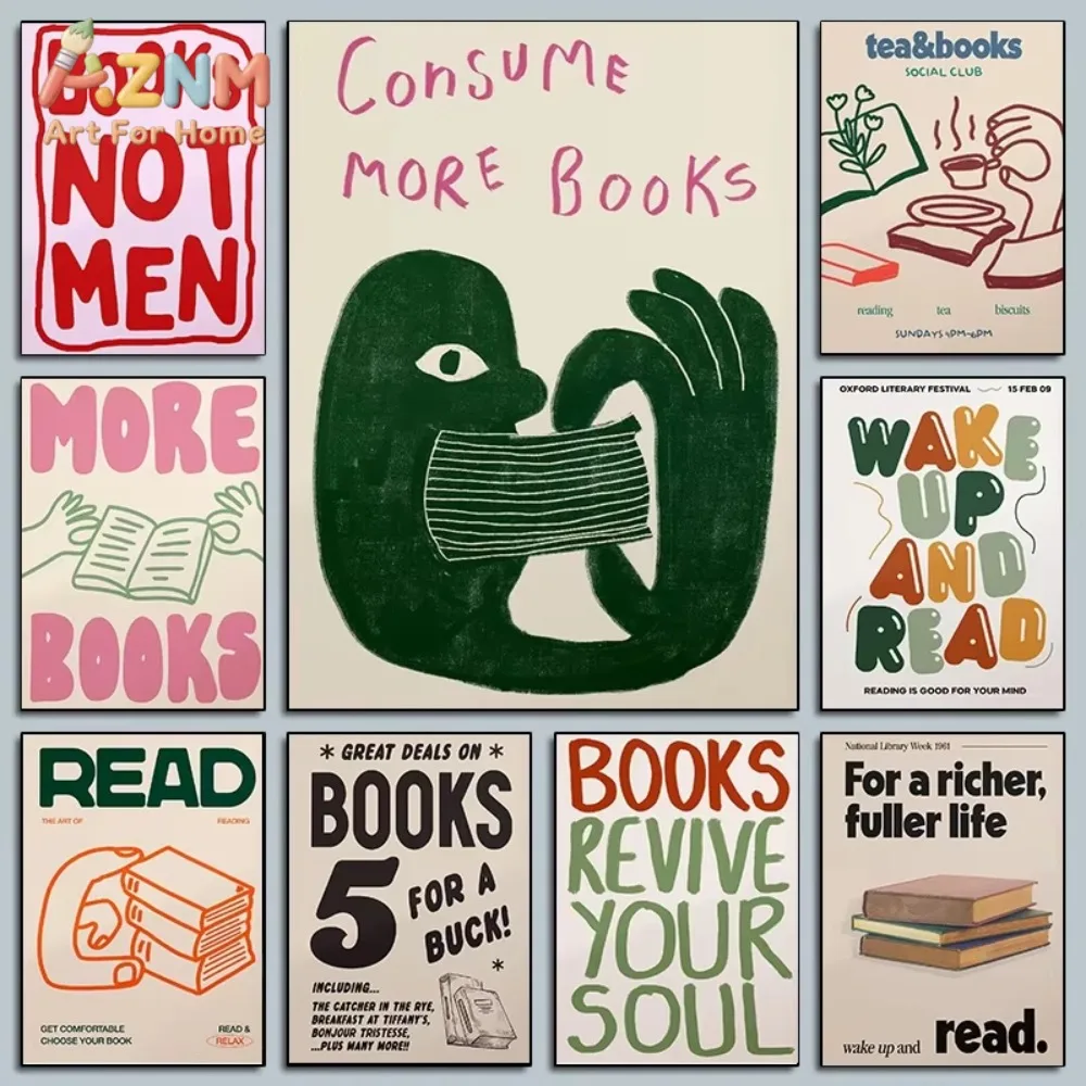 

1 шт. Минималистичный постер с книгами для чтения, принт с рисунком в стиле Doodle, картина на холсте, настенное искусство, декор для дома и комнаты