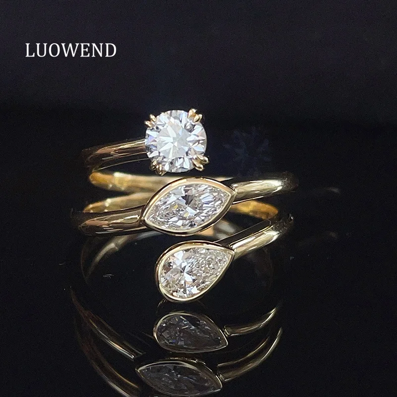 LUOWEND 100% 18K Yellow Gold Rings Luxury Fashion Design 1.10carat Real Natural Diamond Ring for Women High Party Jewelry