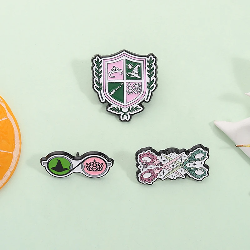 Witch Fantasy Movie Enamel Pin Broom Magic Wand Shield Glinda and Elphaba Brooches Lapel Badge Fashion Jewelry Gifts for Friends