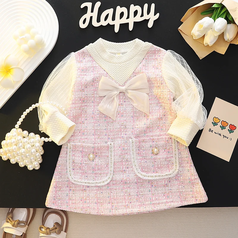 Elegant Children\'s Dresses For Girls Fashion Bow Long Sleeve Princess Kids Birthday Party Dress Spring Soft Baby Clothes Outfit