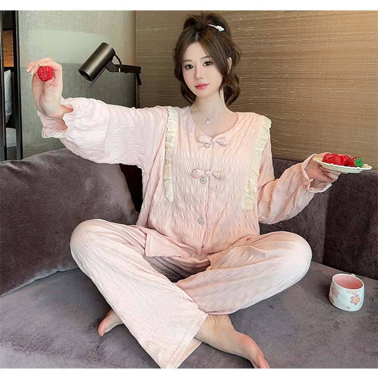 3XL 4XL 5XL Large Size Elegant Women\'s Pajamas Set Long Sleeve Trousers Sets Spring Autumn Chest Padded Sleepwear Pyjama Femme