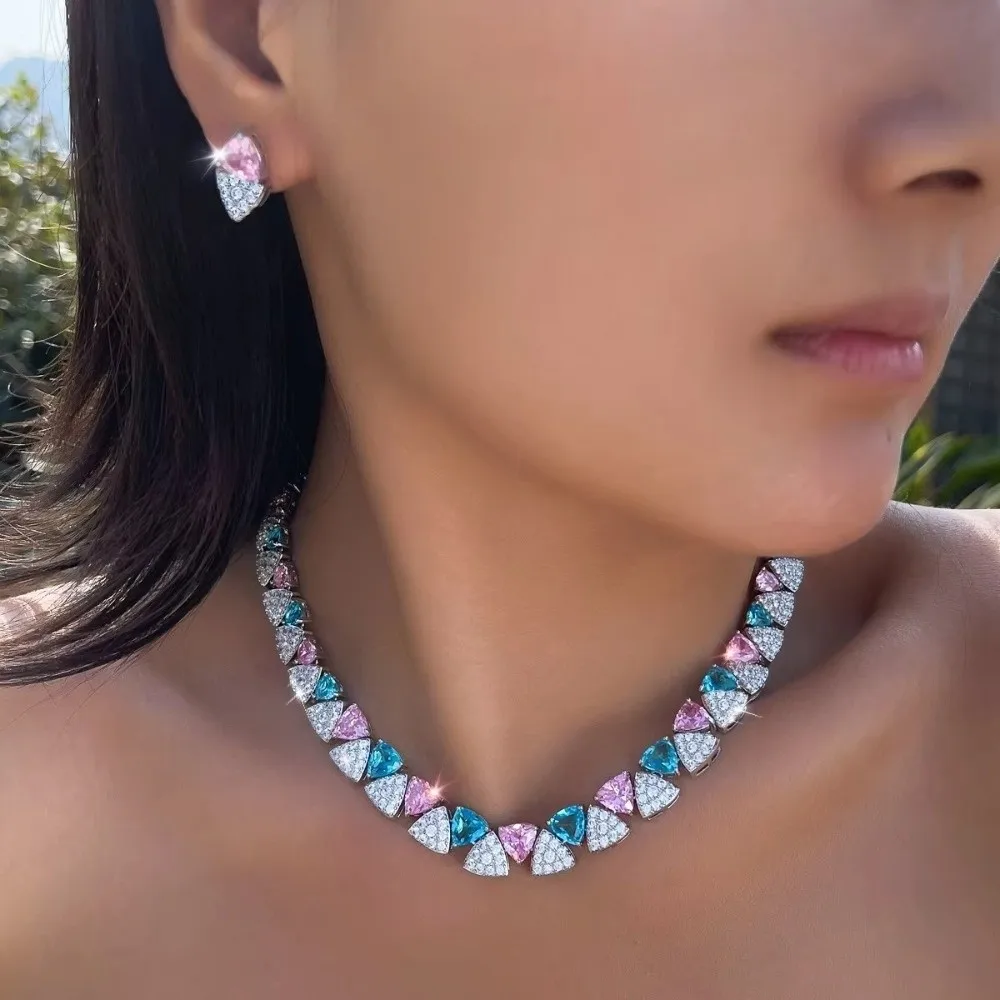 Shiny Zirconia Earring Set Pave Setting Triangle Shape Bridal Jewelry Set Sparkling Finish Clavicle Choker