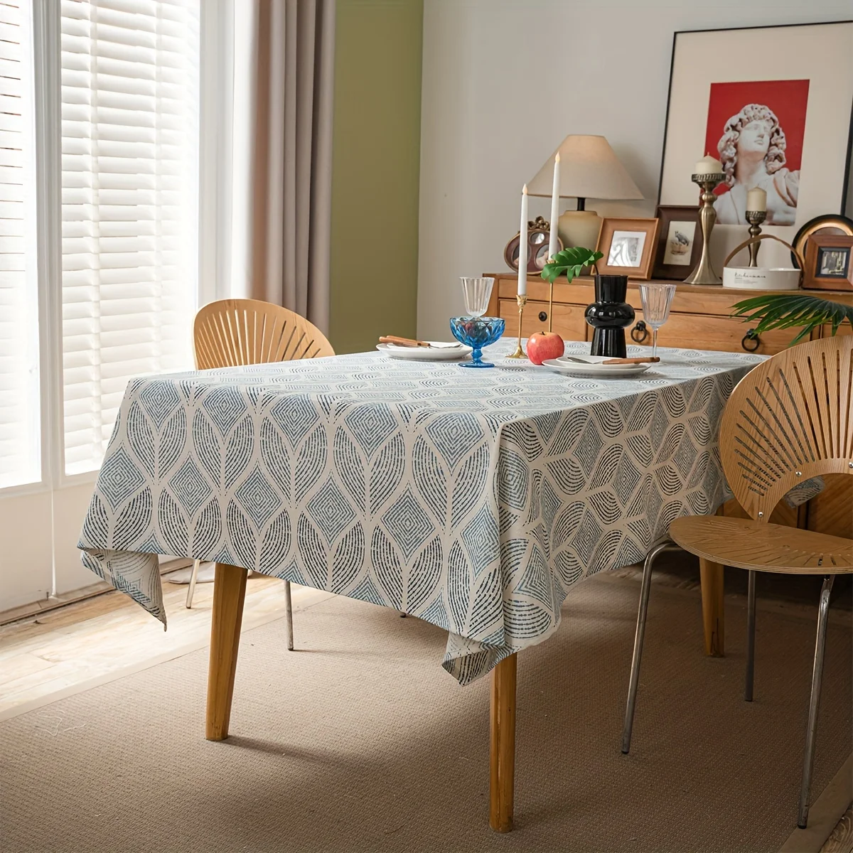 1pc American Retro Country Simple Decorative Tablecloth - Blue Geometric Print Decorative Table Cover - Holiday Table Decoration