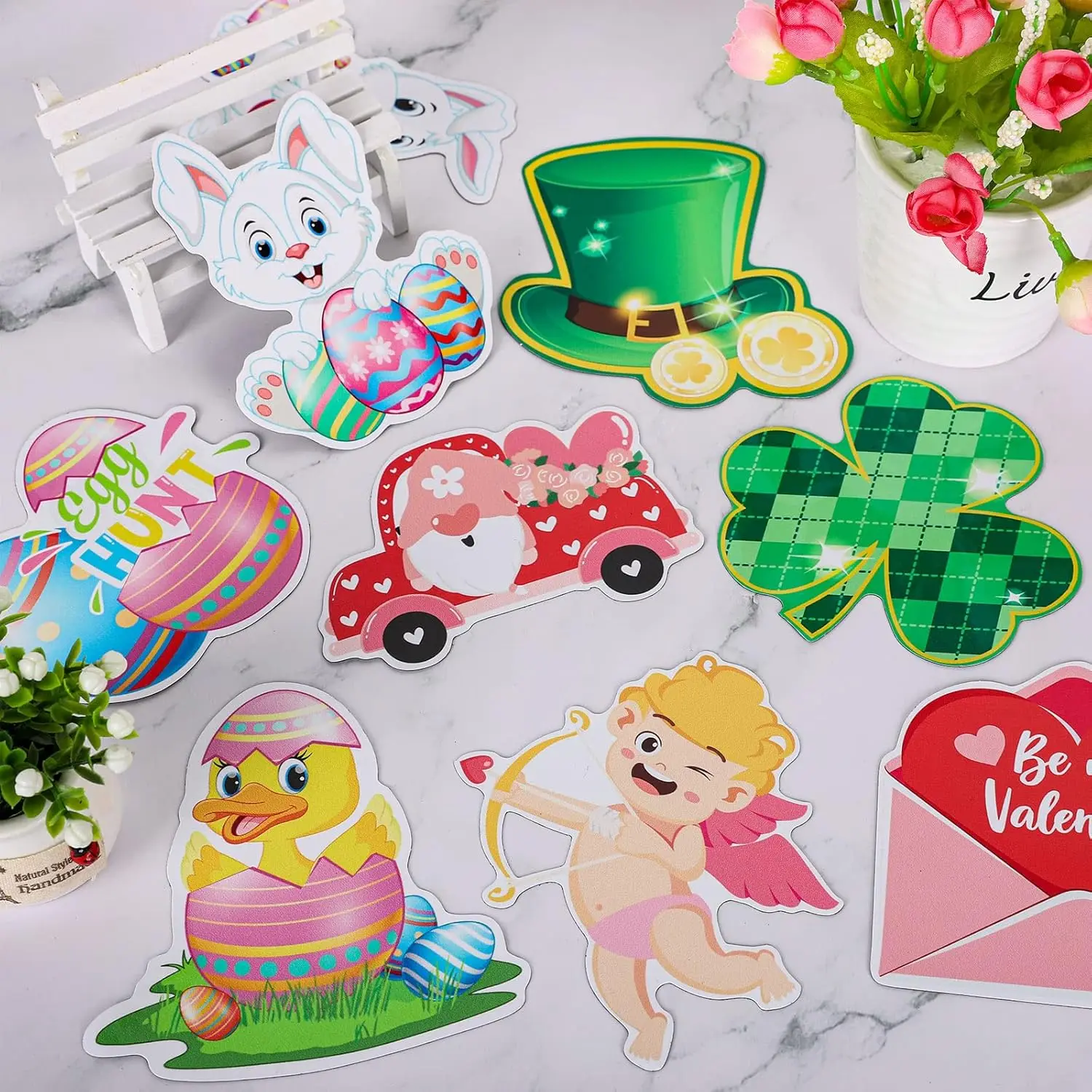 20Pcs Holiday Magnets Valentines St. Patrick's Day Easter Refrigerator Magnets Love Gnome Truck Metal Magnetic Stickers Shamrock
