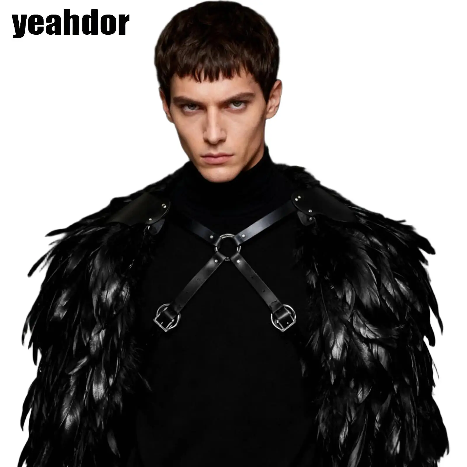 Men Steampunk Roman Gladiator Leather Helmet Feather Strap Shawls Adult Halloween Carnival Cosplay Viking Knight Samurai Costume
