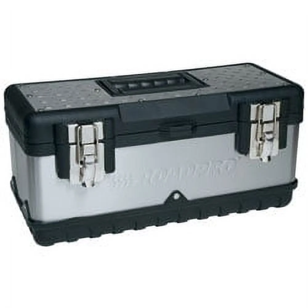 Durable Lightweight 15 Inch Stainless Steel Tool Box with Removable Tray Organizational Compartments Secure Clamp Latches Tool