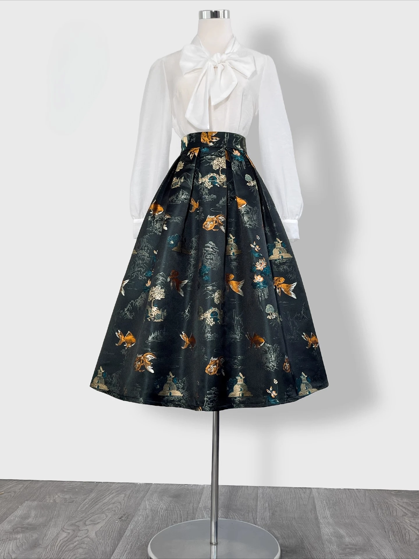 Nowa damska spódnica na wiosnę i jesień, modna spódnica w stylu chińskim, żakardowa, rozkloszowana, puszysta spódnica do pracy.