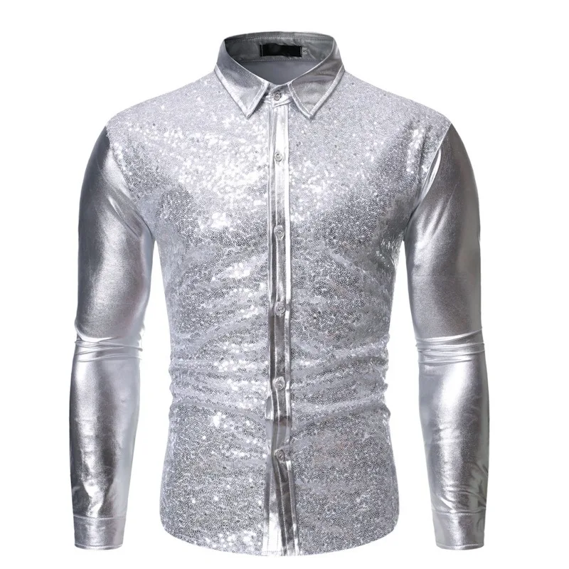 Men\'s Sequins Hot Gold Shirt Solid Color Long Sleeve Standing Collar Button Tops Nightclub Prom Performance Wedding Party Shirt