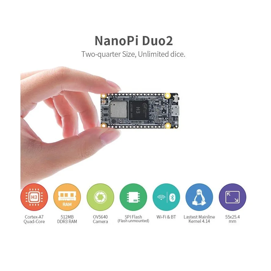 NanoPi Duo2 Kit  512MB DDR RAM,Allwinner H3,Quad Cortex-A7,Up 1.2GHz, OV5640, OpenWRT,Wifi&BT Ubuntu Linux Armbian DietPi Kali