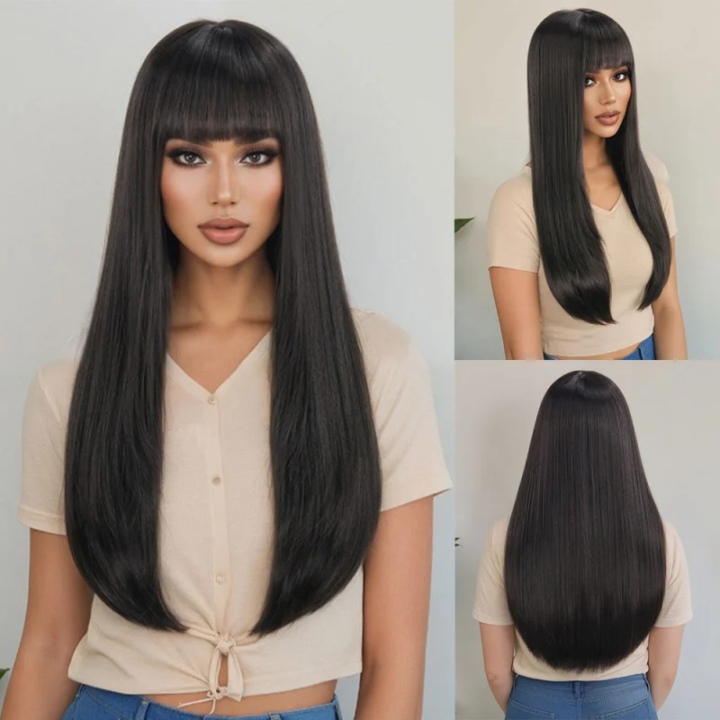 European and American fashion synthetic fiber wig with bangs, hair, natural black long straight