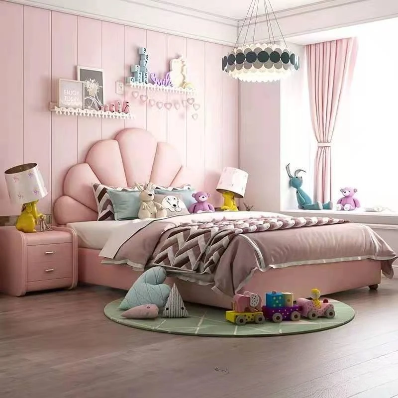 Light luxury shell girl castle dream bedroom leather art pink cartoon princess bed