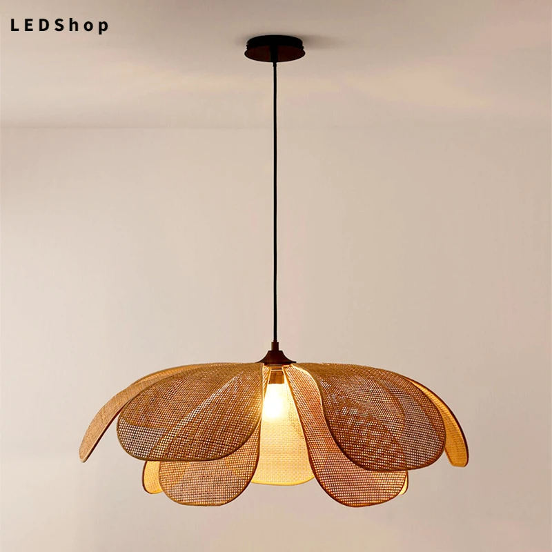 Rattan Weaving  Wicker Hanging Lighting Petals Lamp Flower Japan Style Pendant Lights for Living Room Dining Table Bar LED shop