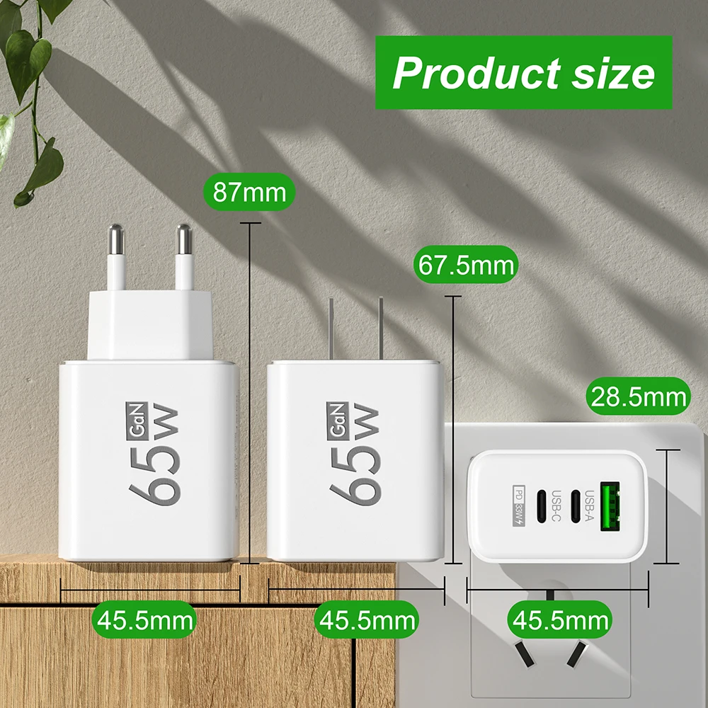 USB C GaN Fast Charger 65W QC3.0 PD Multi 3 Ports Quick Charging Type C Wall Adapter for iPhone 15 Samsung Huawei Xiaomi Oneplus