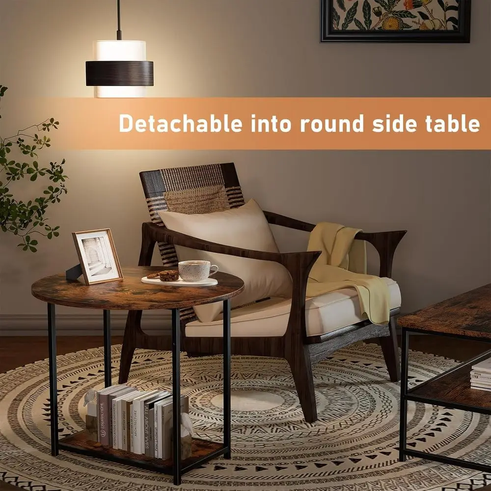 Rustic Nesting Coffee Table Set, Mid-Century Modern Design, 2-in-1 Detachable for Living Room, Farmhouse Style, Brown