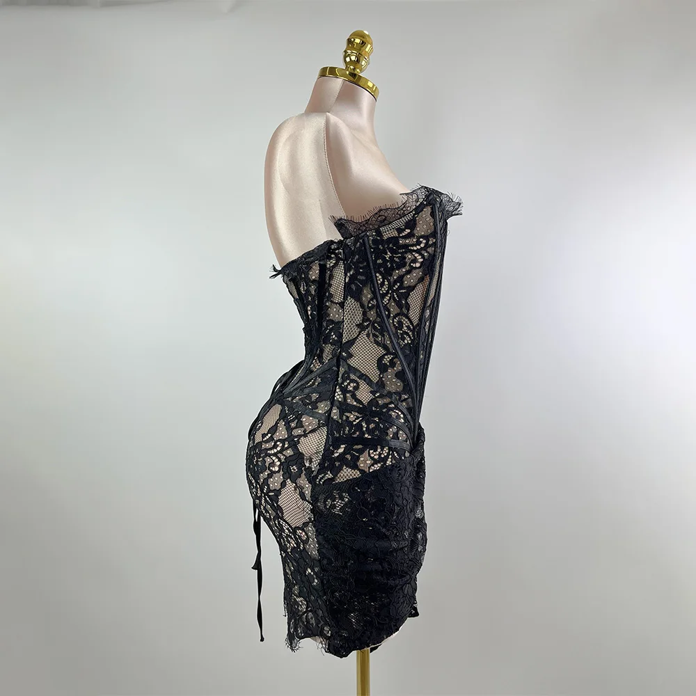 Sexy Lace See-through Solid Color Sheer Patchwork High Waist Lace Dress Sleeveless Lace-up Adjusted Draped Slim Evening Dress