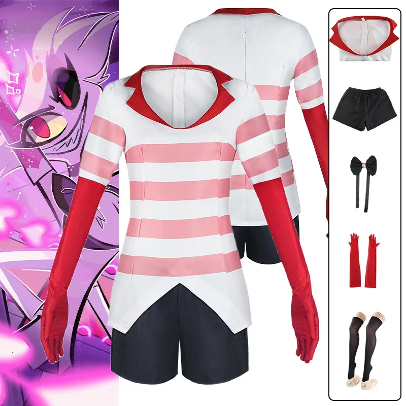 hazbin-女性のためのアニメホテルのコスプレ衣装セクシーなドレス赤と白のストライプ大人のハロウィーンのユニフォーム