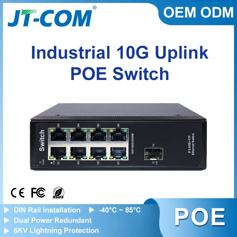 

JT-COM 2.5G Industrial POE Switch 8 Port 10G Base-T Uplink SFP Network Ethernet Switcher Rail Wall