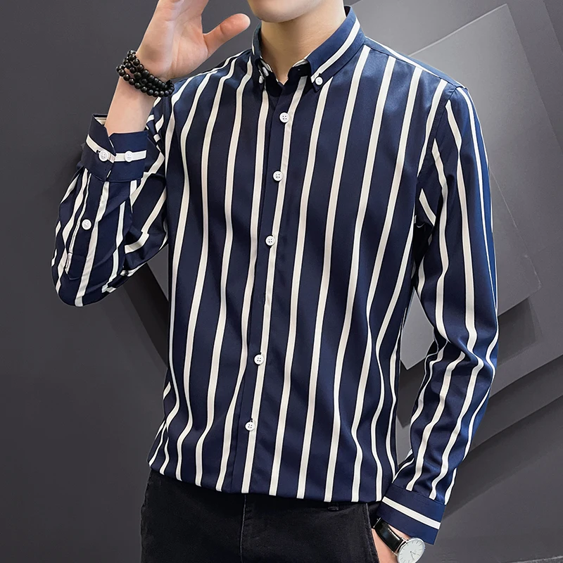 

Casual Ice Silk Long Sve irt Men's Slim Fit Striped Busin Formal Anti-Wrinkle Faionable Youth Polyester Fiber