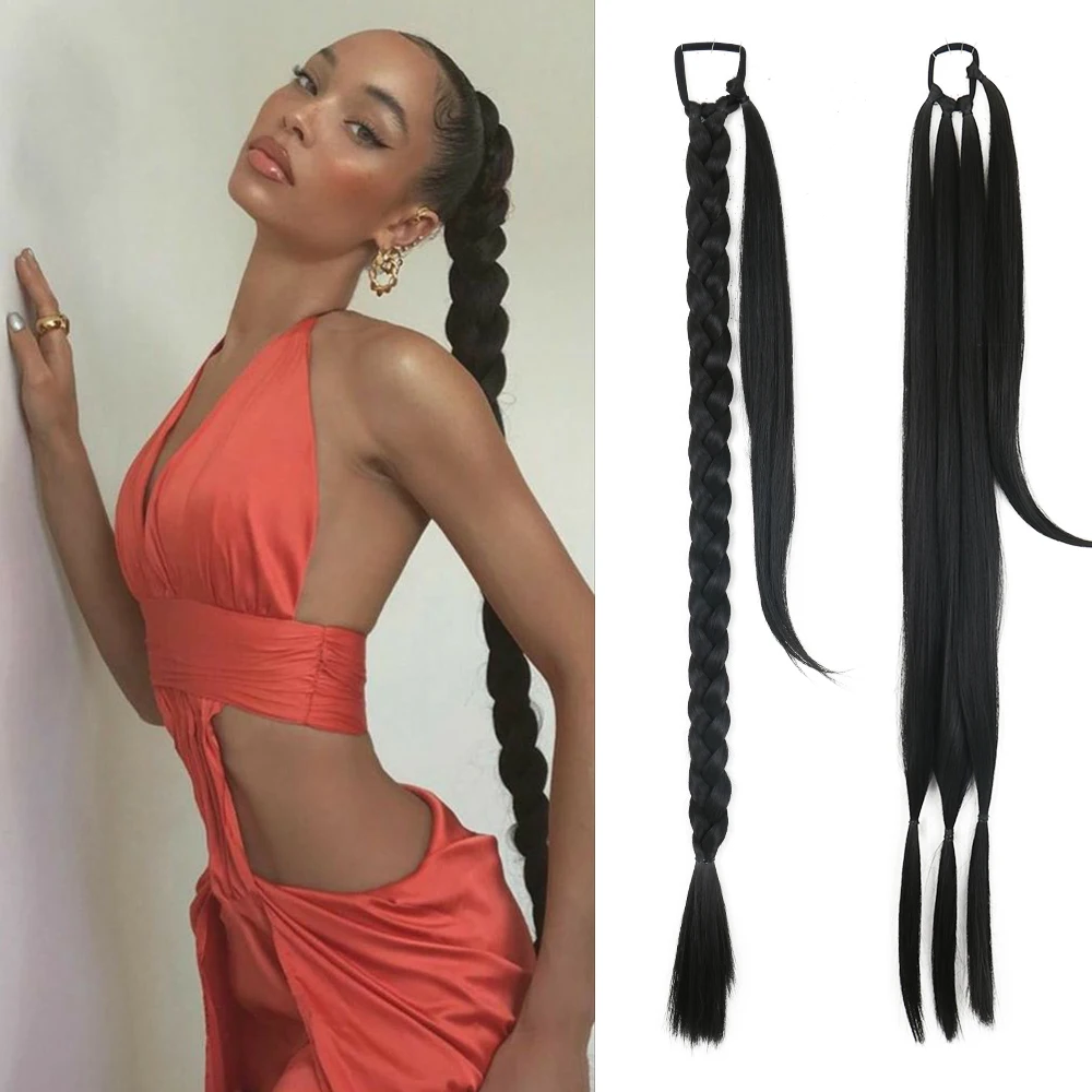 

Synthetic Braided Ponytail Extensions Black Hairpiece Long Pony Tail With Hair Tie Rubber Band Hair Blonde for Women