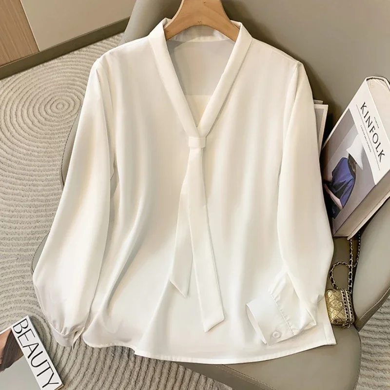 Plus Size Women's Blouses Loose Long Sleeve V-Neck Work Shirt for Women Fashion Versatile Autumn Bow Tops Trendy Business Shirts - Detail 1