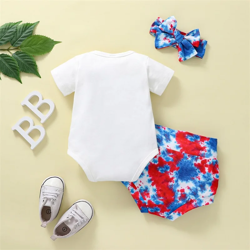 Patriotic Baby Outfit Set with American Flag Print Romper Tie-Dye Shorts and Matching Headband for Independence Day