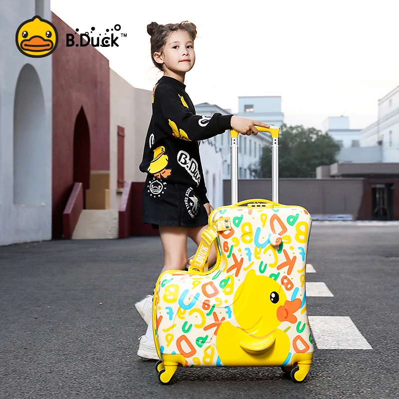 B.Duck 20” Kids Ride-On Suitcase, Travel Carry On Luggage With Wheels And Password Lock, Toddler Ride On Duck Trolley Toy