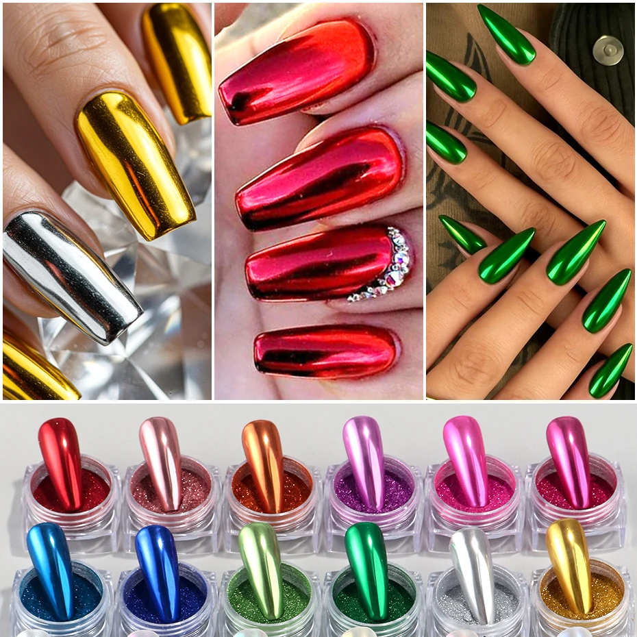 22pcs Metallic Mirror Chrome Nail Powder Aurora Pearl Glitter Pigment Gold Silver Foils Holographic Rainbow Nail Art Dust Decor
