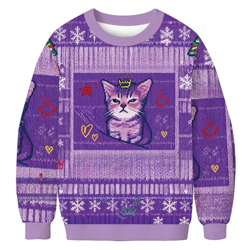 Y2K Sweet Cool Purple Cat Ugly Sweater 3D Thin Velvet Adult Children Couple Family Gathering Atmosphere Holiday Dressing