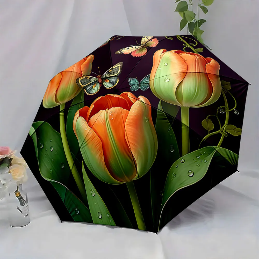 1PC Vibrant Tulips and Butterflies Umbrella Design Print 8 Iron Ribs Folding Umbrella Auto-Open Fashion Sunshade