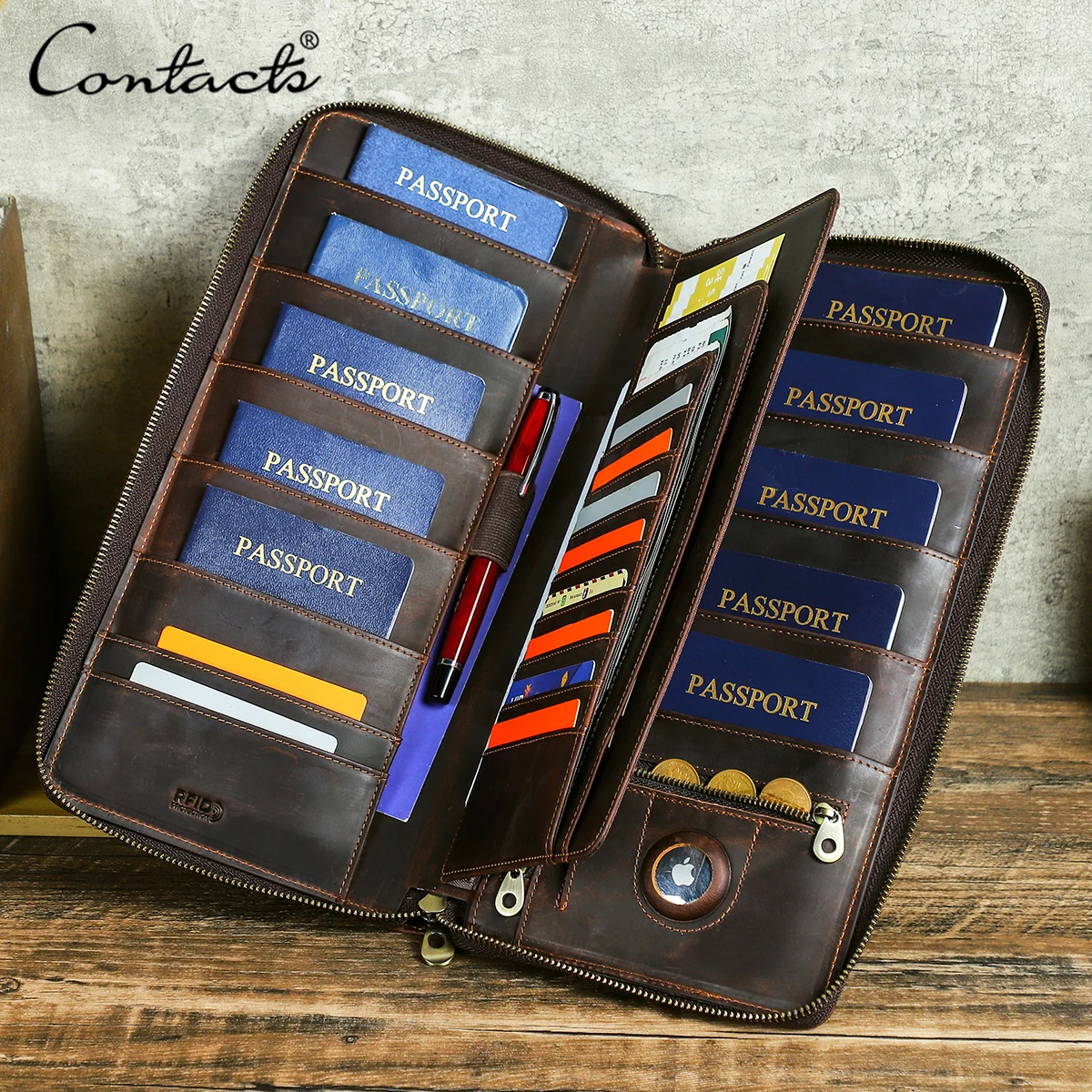 CONTACT'S Genuine Leather Family Passport Clutch Wallets Passport Cover Travel Handbag, 10 Passport Slots, Free Personalization