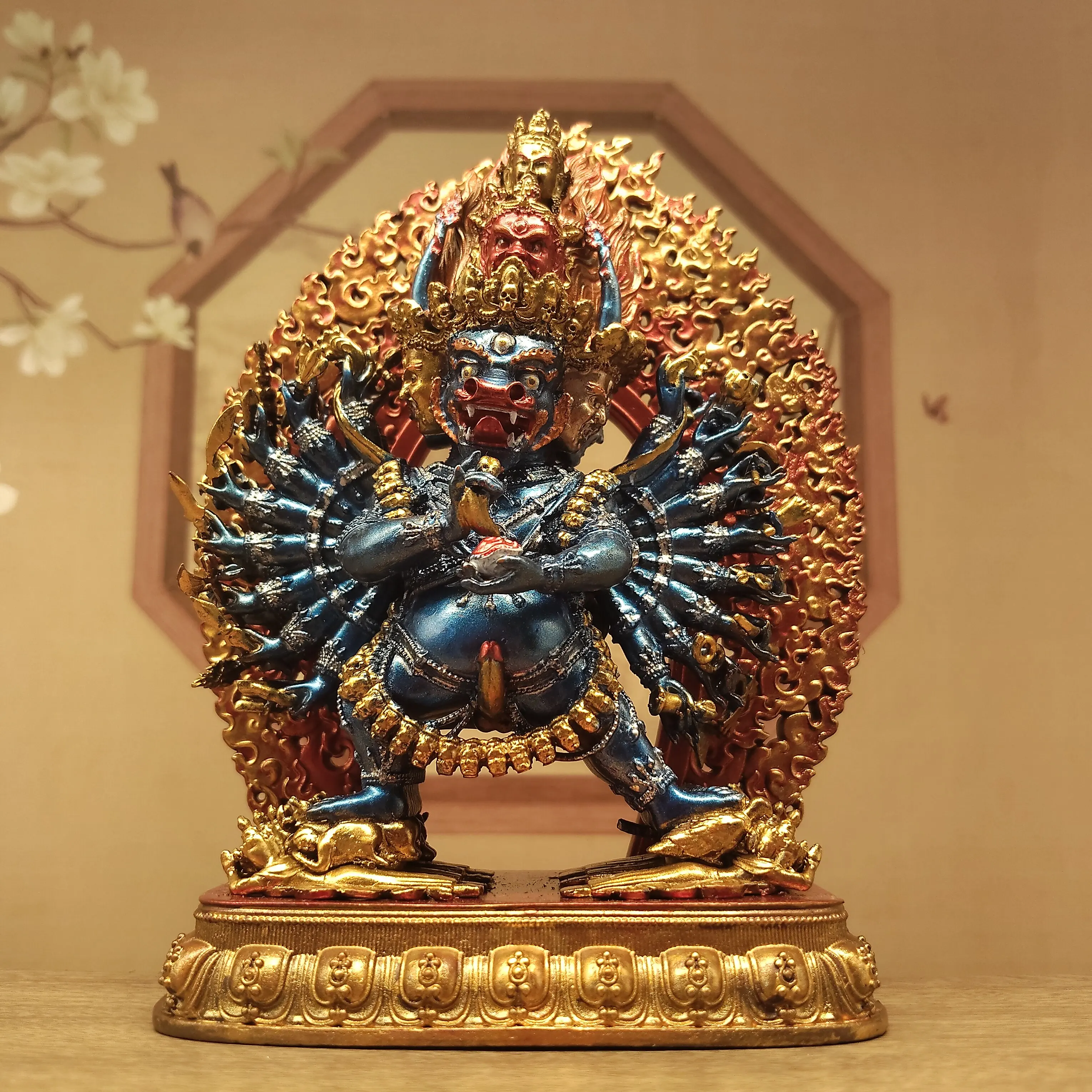 Tibetan Buddhist Copper Painted Face Single Yamantaka Statue 15cm Home Living Room Protector