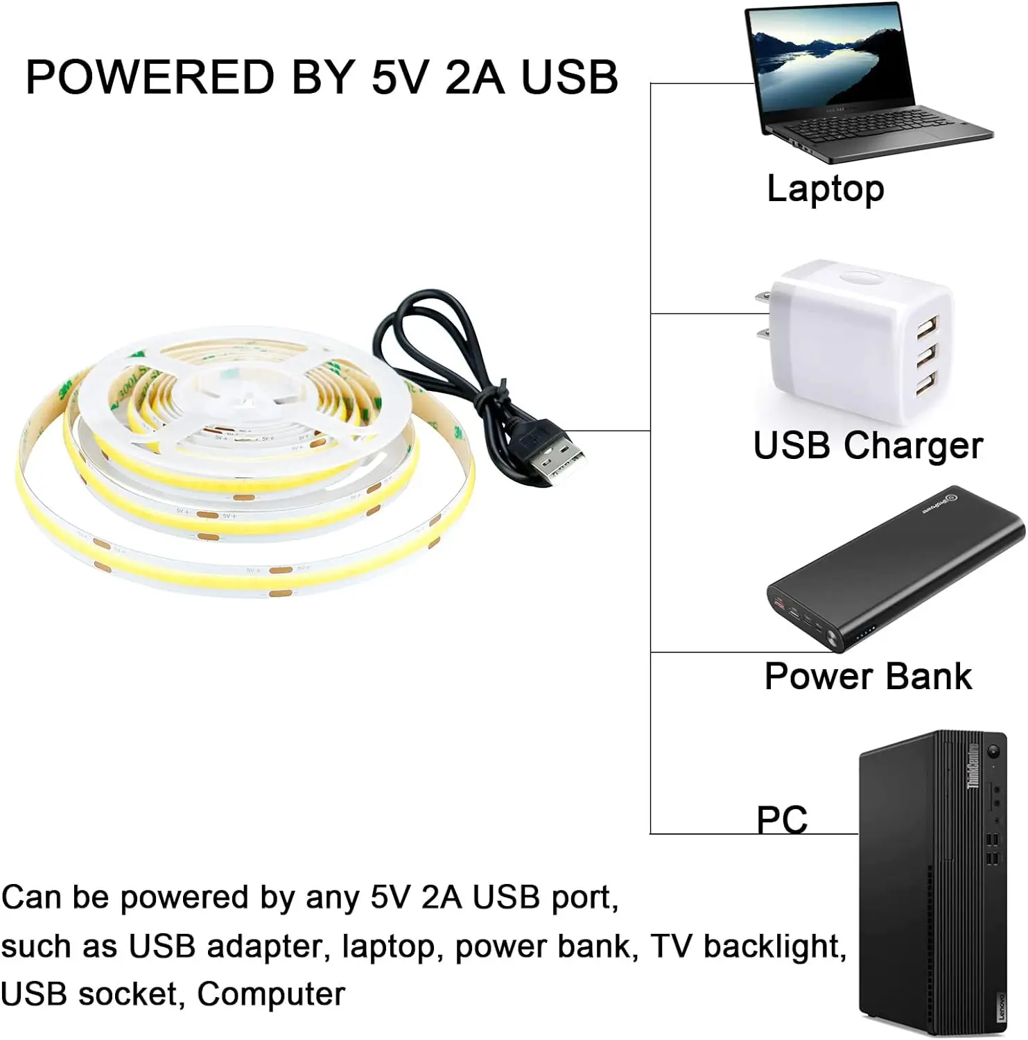 DC 5V USB COB Light strip 320Leds/M White/Warm White Flexible Ribbon Rope Night Lamp TV Backlight LED Light strip