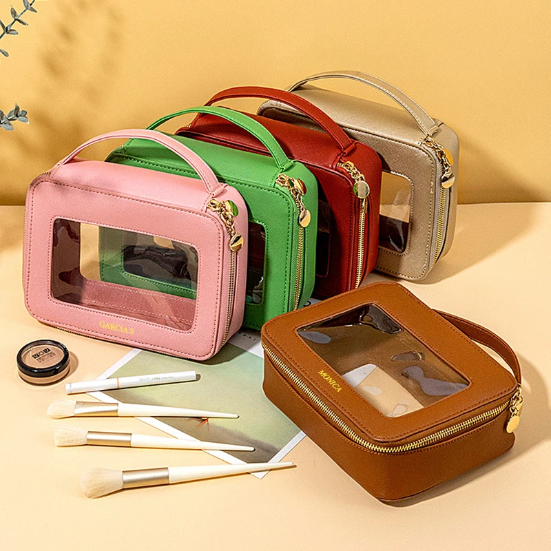 Custom Name Travel Portable Cosmetic Bag Transparent Window Luxury Woman Make Up Bag Personalized Large Capacity Cosmetic Case
