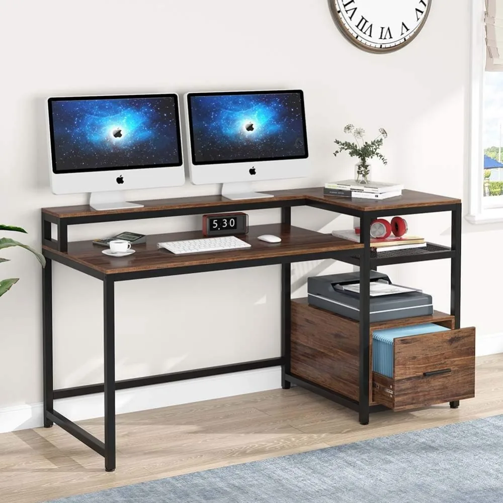 59 Inch Computer Desk with File Drawer and Monitor Shelf, Large Rustic Home Office Workstation, Writing Desk