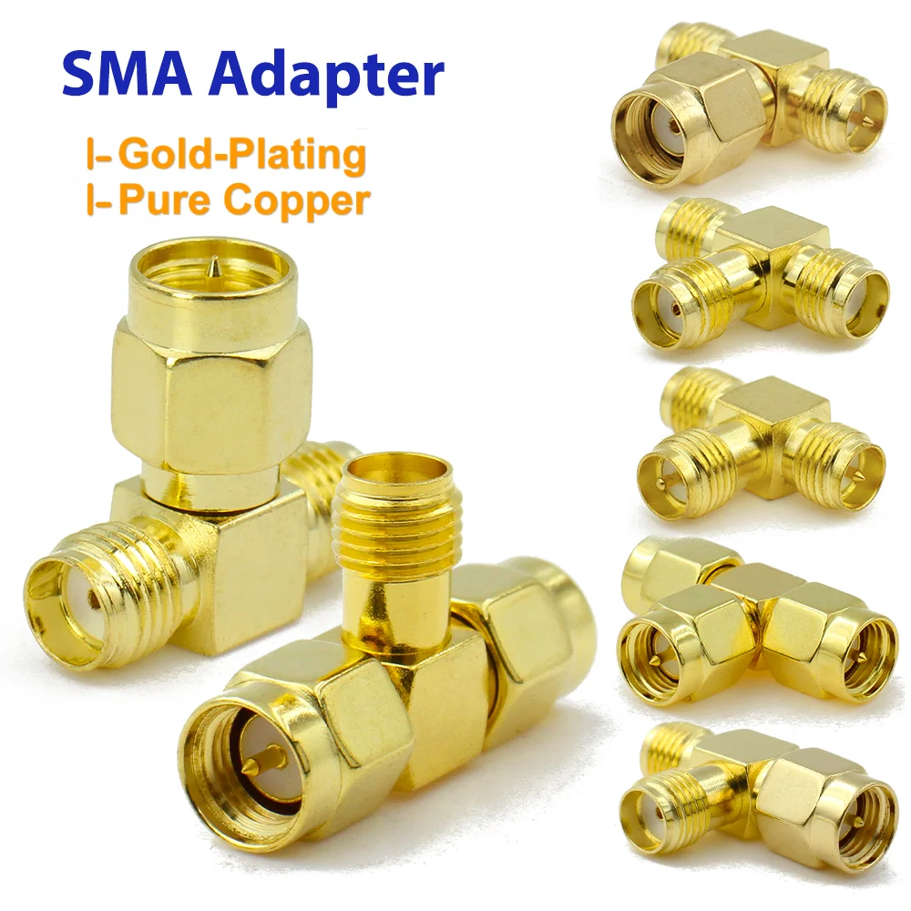 

Connector SMA to RP-SMA Male Female 3 Way RF Coaxial Adapter Triple RP SMA T Plug Splitter for WIFI Antenna Radio Brass Copper