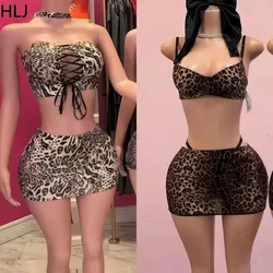 HLJ Spring Summer New Leopard Print 2 Piece Sets Women Outfit Tube Bandage Patchwork Crop Top and Mini Skirt Suits Streetwear