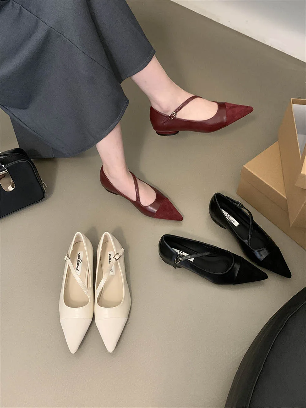 Ballet Dance Shoes Pointed Toe Women Flats Loafers 2024 New Arrivals Black Red White Belt Buckle Ladies Autumn Spring Dress Shoe