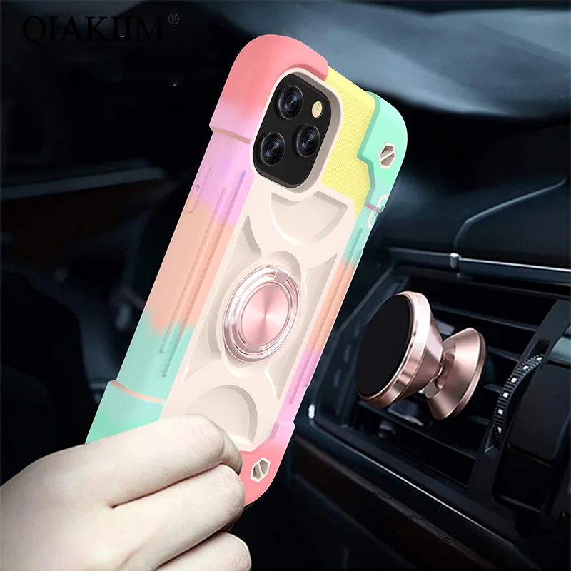 Candy Color Shockproof Case For Phone 12 13 Mini 11 Pro Max XR XS X 7 8 14 Plus SE Magnetic Finger Ring Holder Stand Phone Cover