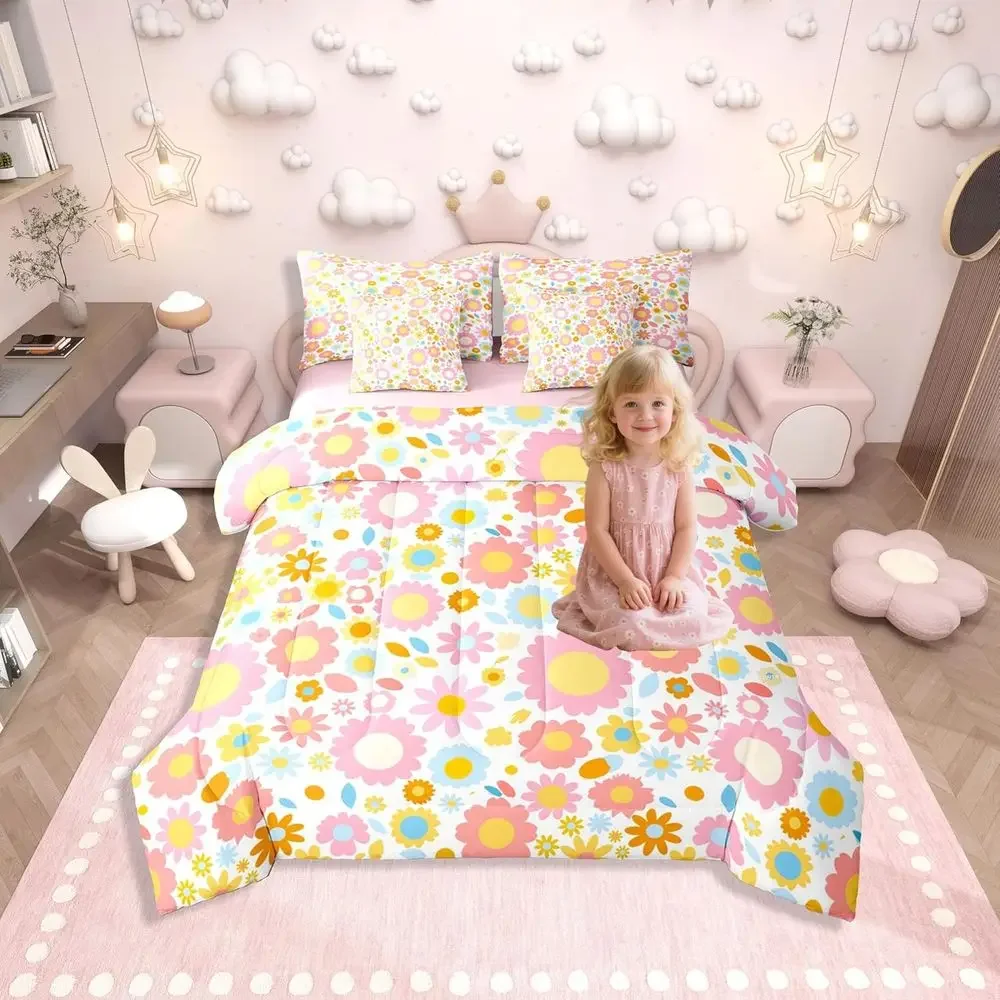 

7-Piece Queen Bedding Set - Kids Rainbow Garden Theme, Lightweight Bed in a Bag